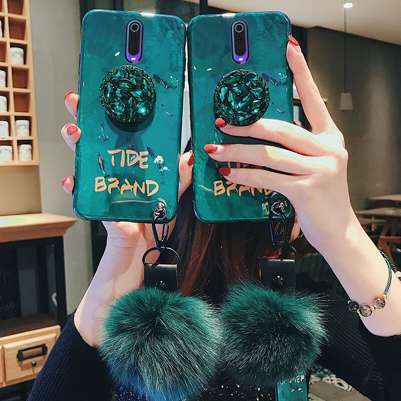 For VIVO V17 Indian Version V15 V11 Pro V11i V9 V5 V5s V7 Plus Case Rhinestone Holder Blue Light Soft Back Cover with Hairball