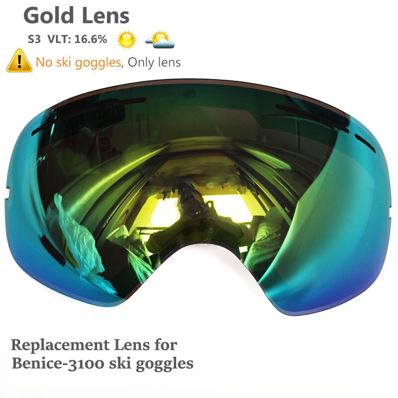 Benice double Layers UV anti-fog lens Men ski goggles big spherical skiing snowboarding snow glasses Eyewear 3100 Set case: Gold Lens Only