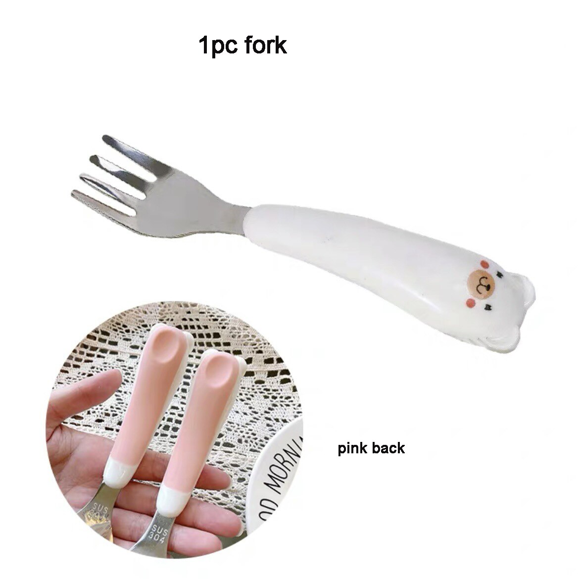 Kawaii Bear Cutlery Set Ceramics Handle 304 Stainless Steel Spoon and Fork Set Kitchen Dinnerware Flatware for Kids Adults: 1pc fork pink back
