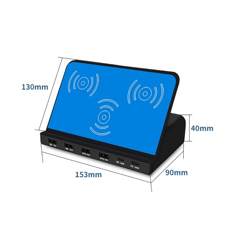 Universal 6Ports 30W Type C PD QC3.0 USB 10W Dual Wireless Charger Station Stand for Laptop Cellphone Tablet Fast Charger