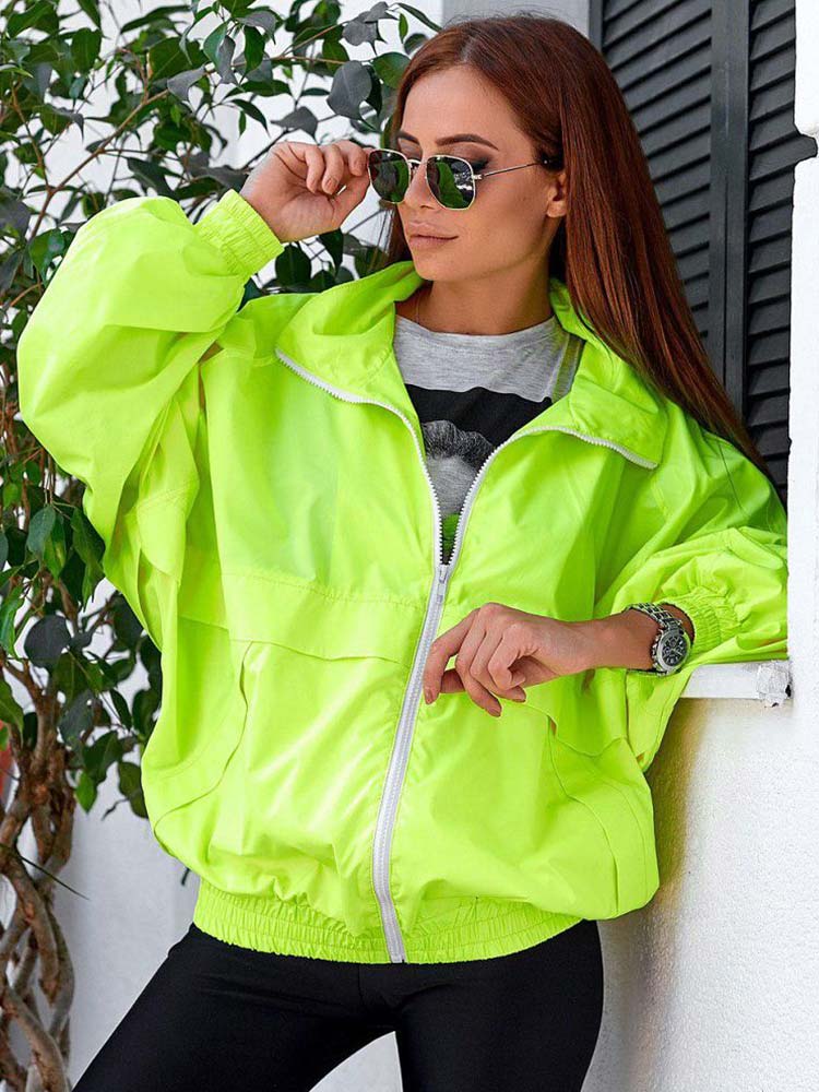 frauen Neon- Jacken Und Mäntel fluoreszierend Grün Herbst Neue Lange Ärmel Reißverschluss Jacken verlieren aktiv Beiläufige Mäntel: Ursprünglich Titel