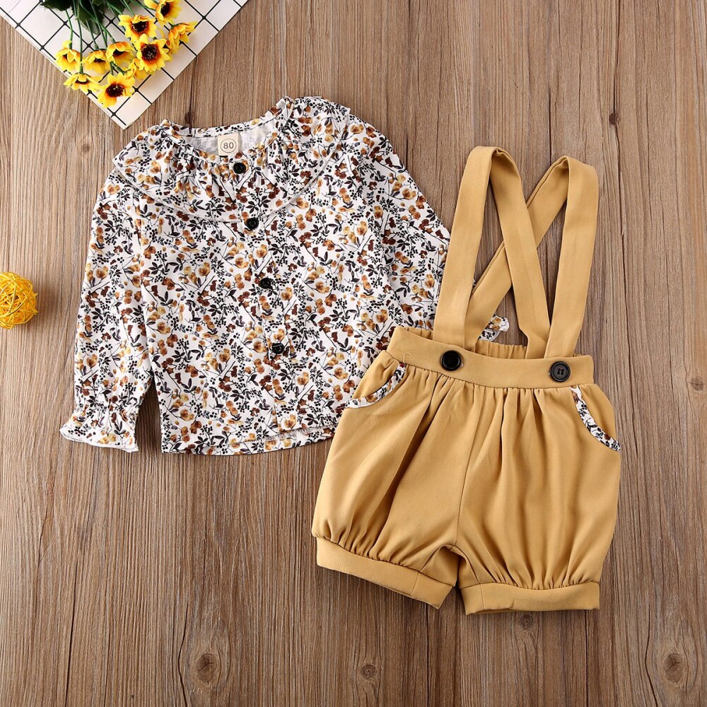 0-5Y Infant Kids Baby Girl Floral Clothes Sets Ruffles Tops T-Shirt Pants Overalls Outfits Set Autumn Clothes