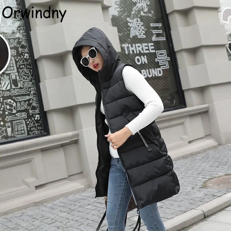 Orwindny-Chaleco largo negro liso para mujer, Chaqueta de algodón acolchada, cálida, sin mangas, informal, talla grande, S-3XL, Otoño e Invierno