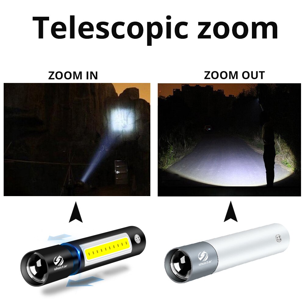 Usb genopladelig mini led lommelygte 3 lystilstand vandtæt lommelygte teleskopisk zoom stilfuld bærbar dragt til natbelysning