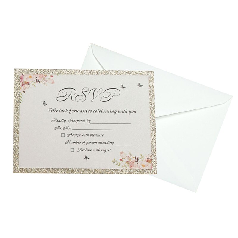 50pcs/lot Flower Invitation Card Print Blank Page Golden Edge Wedding Birthday Party Greeting Card for Guest Wedding Favor Decor: champagne gold print