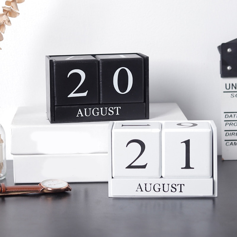 Vintage trä evighetsskrivbord kalender block planerare permanent skrivbord arrangör diy agenda bord dekoration-vit
