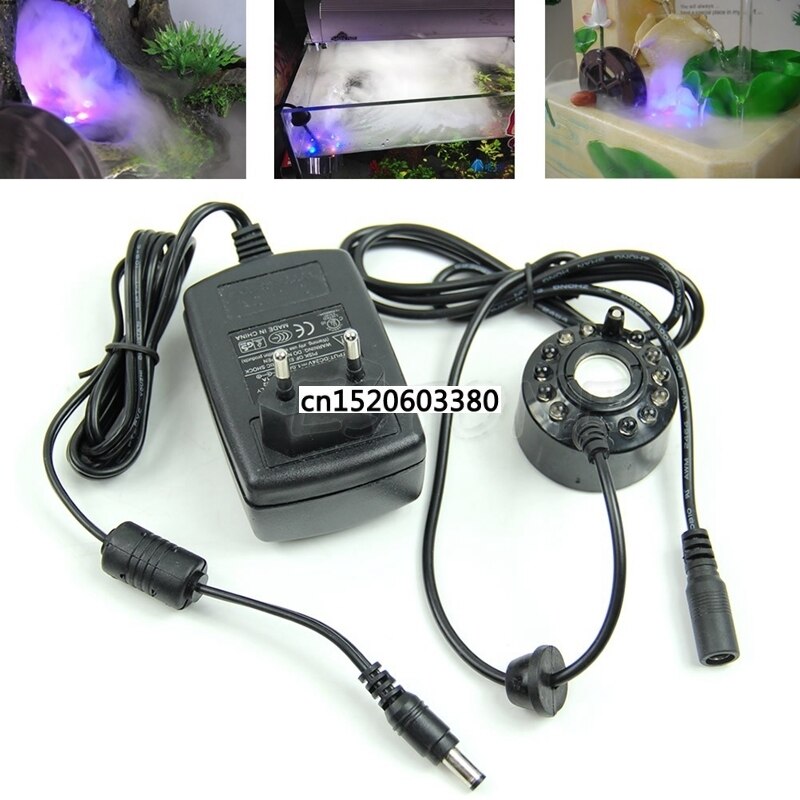 Free_on Ultrasonic12-LED Pond Mist Maker Fogger Water Fountain 3-Color Light EU Plug