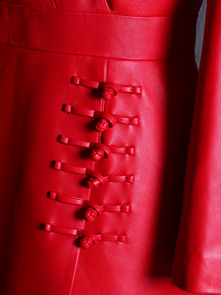 Lautaro primavera autunno Extra lungo rosso nero aderente morbido cappotto in ecopelle donna con bottoni nodo cinese scollo a V abiti firmati