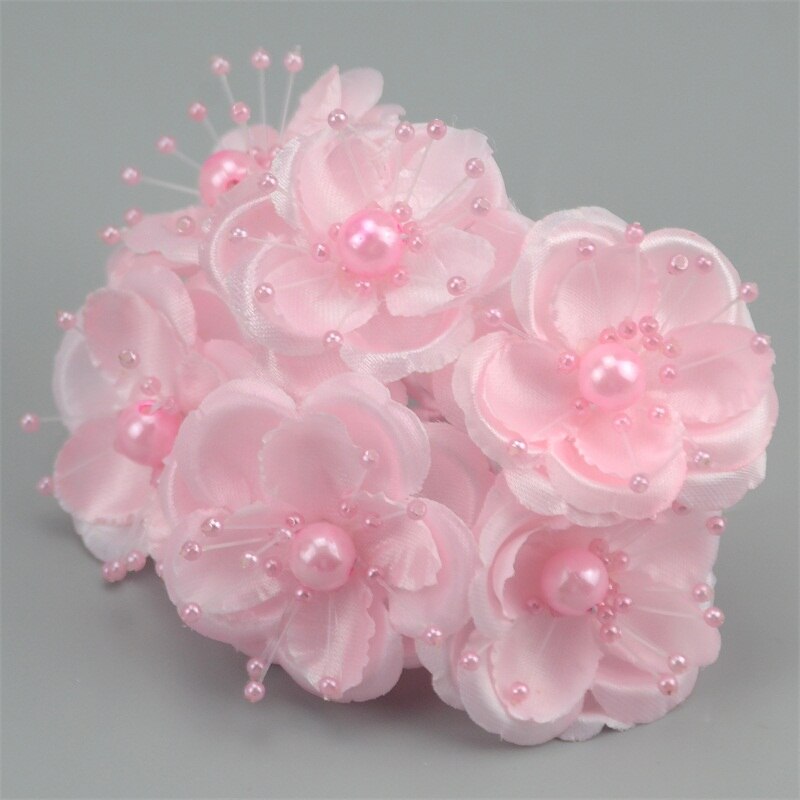 12 unidades/lote estambres de perlas Mini ramo de flores artificiales de seda de color rosa para decoración de boda DIY, accesorios para tocado de flores de novia