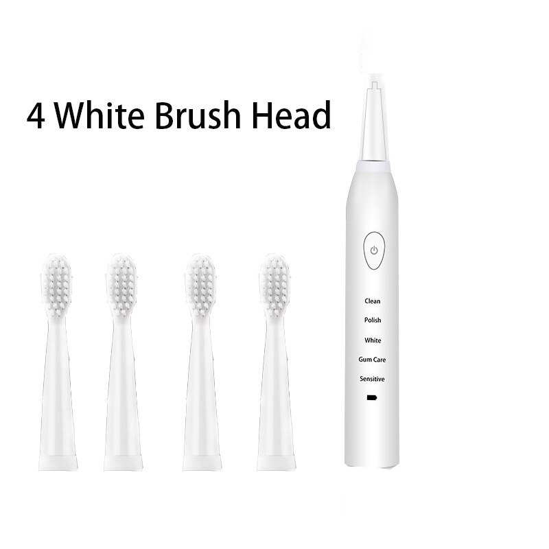 Elektrische Tandenborstel Krachtige Ultra Sonic Sonic Usb Charge Oplaadbare Tand Wasbare Elektronische Whitening Tanden Borstel: White 4 brush head