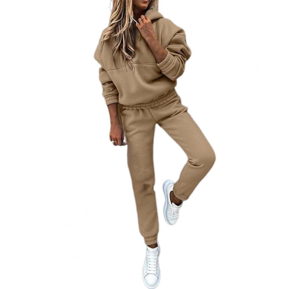1 Set Jumpsuits Outfits Set Trendy Breathable Simple for Daily Wear Hoodie Sweatpants Set Women Outfits Sweatsuits: XL / Khaki