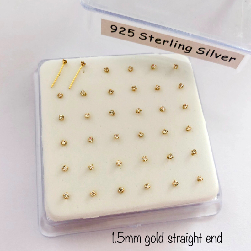 Hellolook 1.5Mm Clear Crystal 925 Sterling Zilveren Neus Stud Rechte Mode Vrouwen Delicate Neus Piercing Sieraden 36 Stks/pak: gold straight end