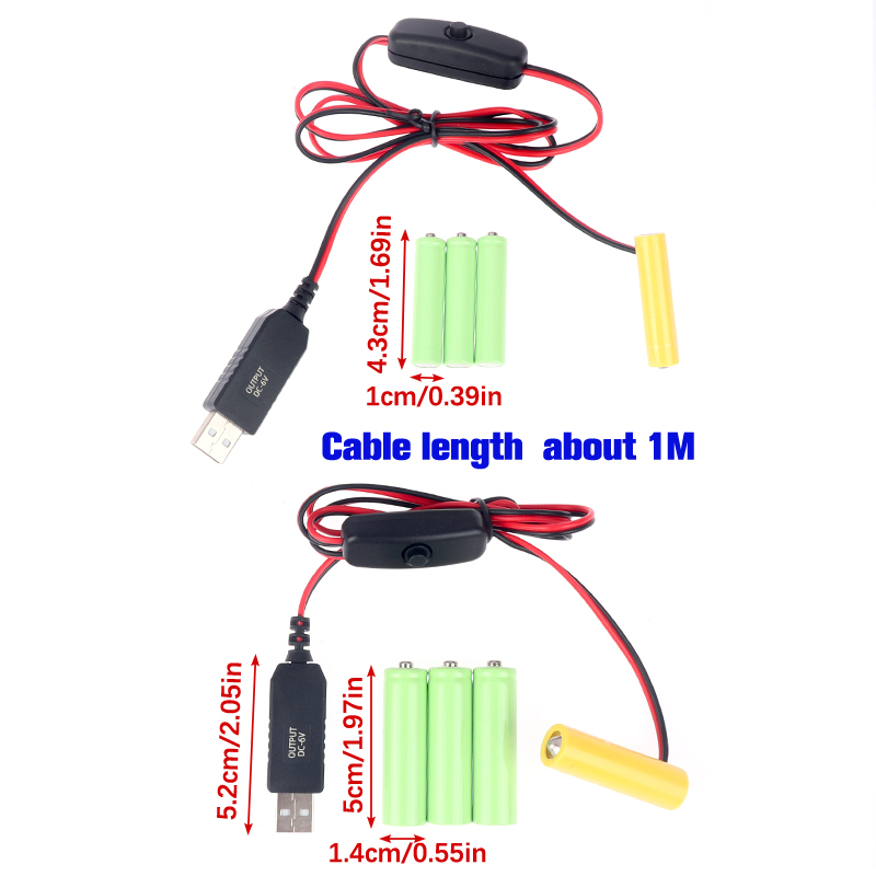 Aaa Attrappe-Batterie Adapter USB-Netzteil Schalter Kabel ersetzen aaa Batterien für Fernbedienungen Kamera Spielzeug LED-Streifen