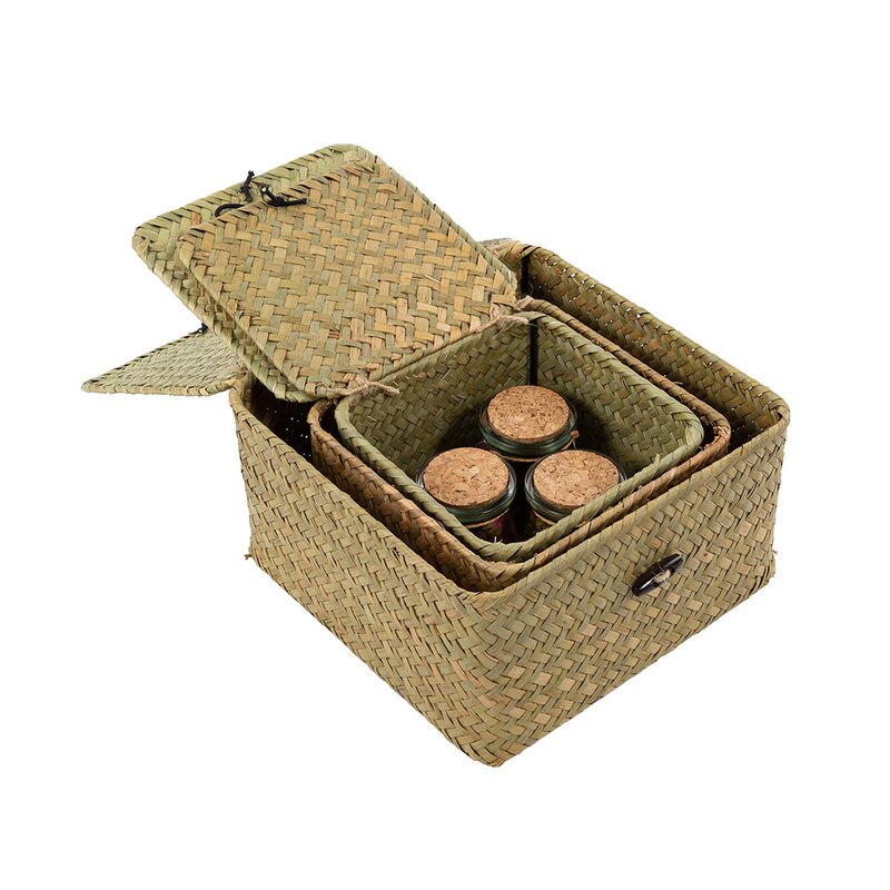 Rattan Storage Box with Lid Seagrass Woven Storage Basket Handmade Basket Cosmetic Wicker Container for Desktop Office Decor