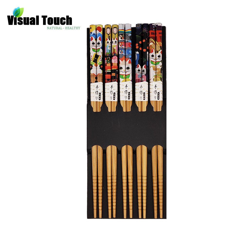 Visuell beröring 5 st set pack lucky cat bambu trä ätpinnar återanvändbara servis middag japansk ätpinne sushi matpinnar