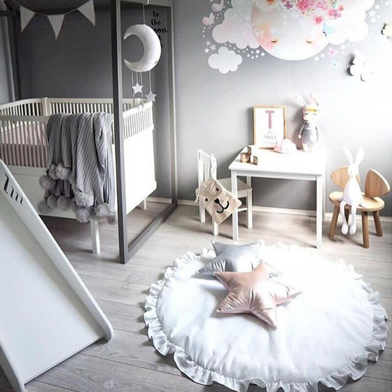 Play Mat Cartoon Animal Baby Mat Newborn Infant Crawling Blanket Cotton Round Floor Carpet Rugs Mat for Kids Room Nursery Decor: White
