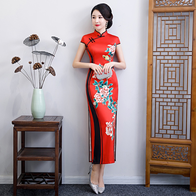 Plus størrelse 6xl kvindelig satin traditionel kinesisk kjole print med korte ærmer qipao vintage orientalsk cheongsam