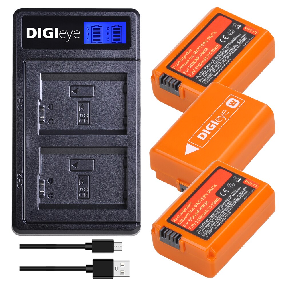 3Pcs 2160Mah NP-FW50 Np FW50 Batterij + Lcd Usb Dual Charger Voor Sony Alpha A6500 A6300 A7 7R a7R A7R Ii A7II NEX-3 NEX-3N NEX-5: 3 battery set