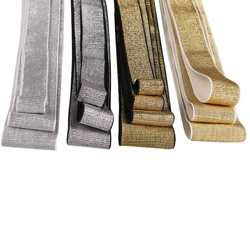 Glitter guld silver elastiska band 10mm 15mm 25mm 40mm elastiska gummiband bälte plagg byxor sömnad spetskanter gör det själv tillbehör