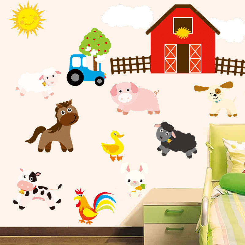 Pegatinas de pared con de granja para decoración del hogar, pegatinas de dibujos animados para dormitorio de bebé, cocina, sala de estar, Tigre, León, coche, cerdo, conejo