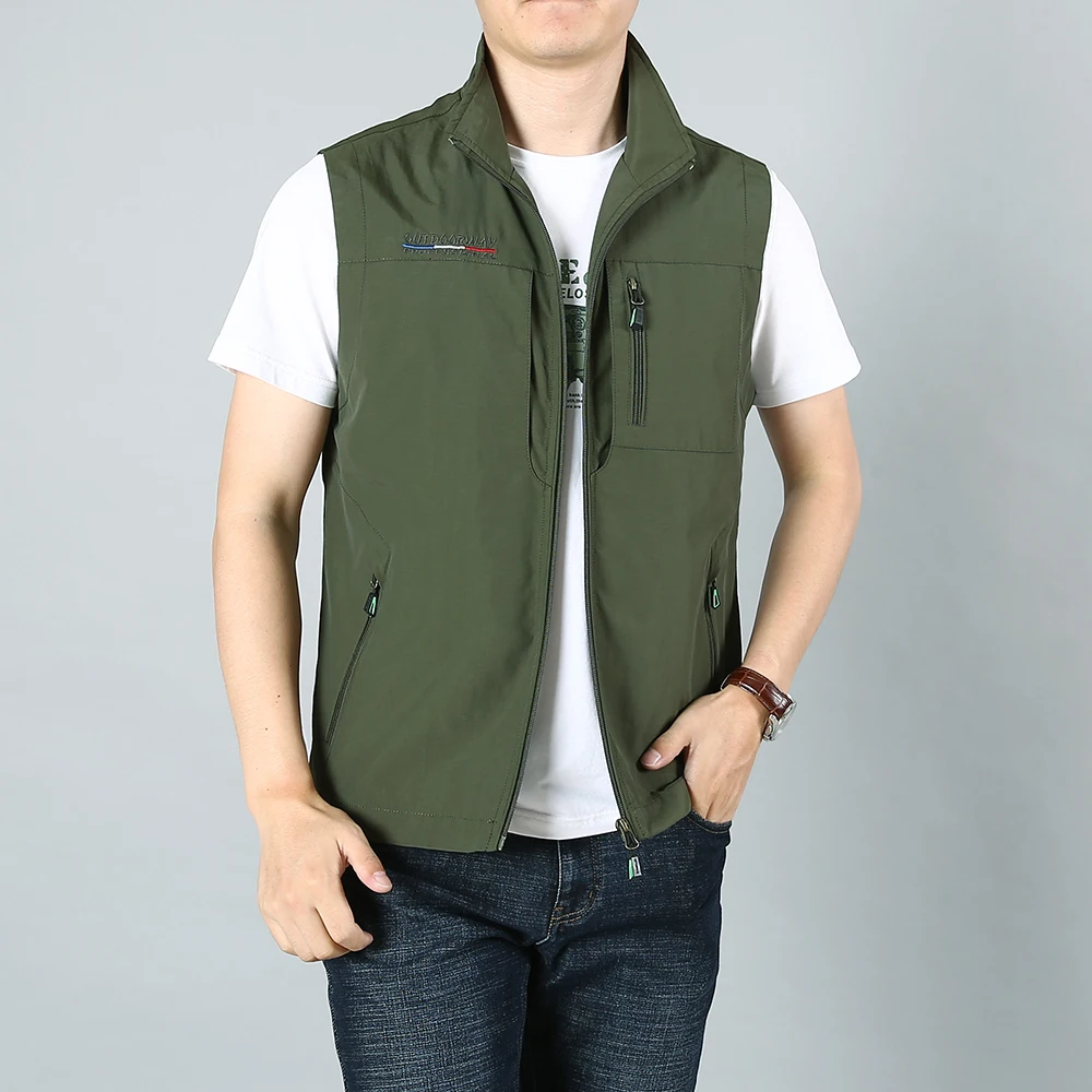 Gilet da uomo giacche gilet da pesca all'aperto 2024 estate tinta unita colletto alla coreana arrampicata escursionismo lavoro senza maniche con tasca: XXL / green