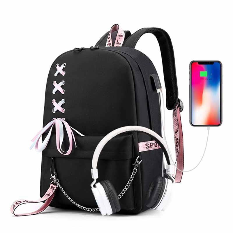 Backpack Black Ribbon Laptop Women Backpack Schoolbags For Teenage Girls Kids Bagpack Schoolbags For Children