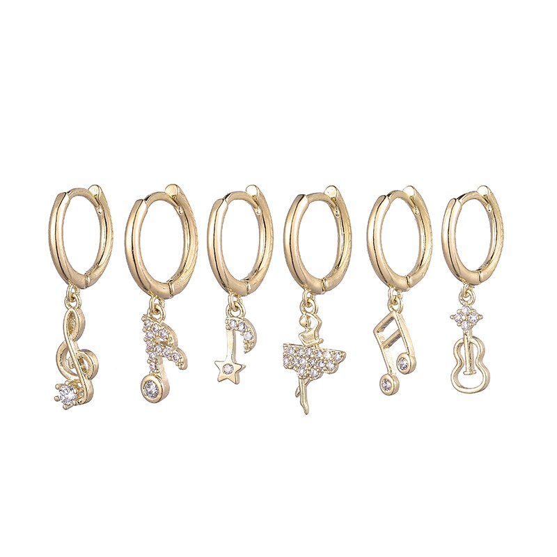 Anenjery Zilveren Kleur Koper Zirkoon Muziek Symbool Hanger Oorbellen Voor Vrouwen Leuke Creatieve Charmante 6 Stuk Oorbel Set Meisje: Default Title