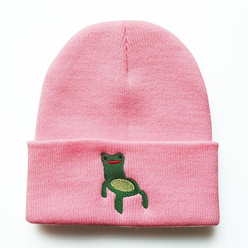 Froggy Chair Embroidered Beanie for Men Women Frog Hat Winter Warm Knitted Hat Ski Outdoor Hats 6 Colors: Pink