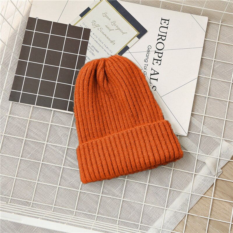 Huer kvinder solid strikket afslappet varm skullies koreansk stil studenterhuer smarte dame dejlige kasketter efterår vinter: Orange