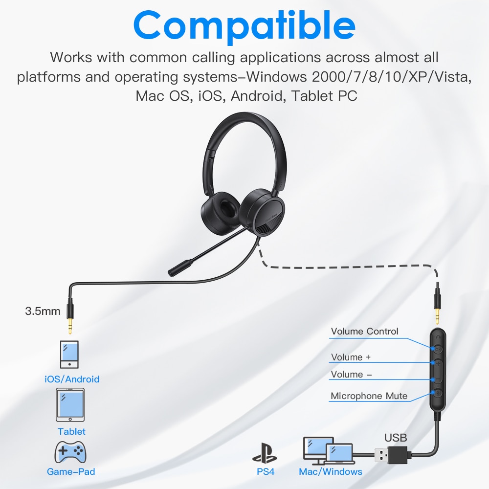Bee – casque d&#39;écoute USB avec Microphone pour PC, 3.5mm, pour Business, avec micro, suppression de bruit, pour centres d&#39;appels,