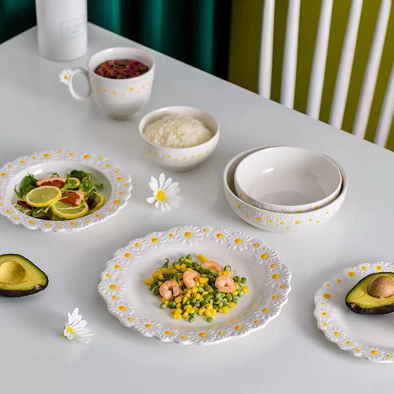 Ceramic Tableware Dishes And Plates Sets Small Daisy Underglaze Home Dinner Food Salad Bowl Western Cup Dessert Steak Tray Plate