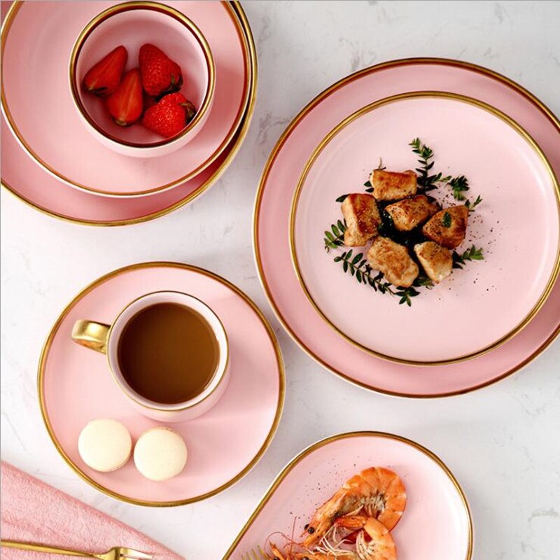 Porslinsmiddagstallrik Set Rosa Guld Kant Keramik Servis Maträtter Ris Sallad Nudlar Skål Mugg Bestick Set 1 st