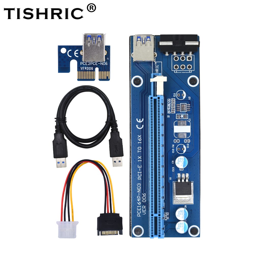 Tishric Pcie Riser Card 006C Pci-E 1x Naar 16X Video Card Riser Pci Express X16 4PIN Sata Naar USB3.0 Extender voor Btc Mining Miner