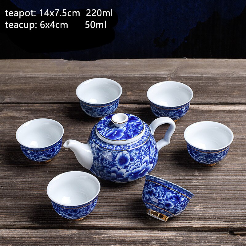 Service à thé en porcelaine bleu et blanc Antique, ensemble de théière et tasse chinois avec filtre en céramique,: A
