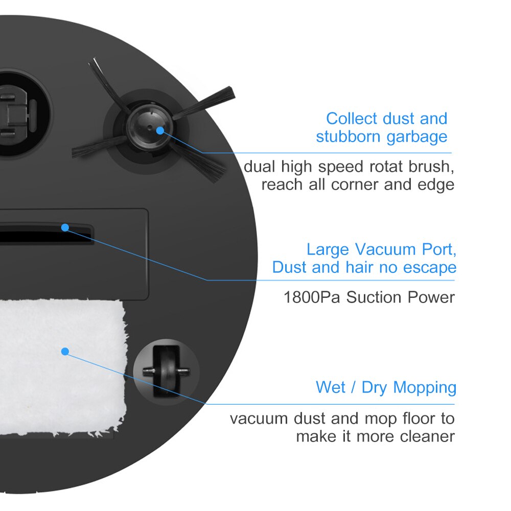 3-In-1 Robotic Vacuum Cleaner Automatic Sweep Mop Cleaner 1800Pa Power Suction Robot Vacuum 1200mAh Battery USB Rechargeable