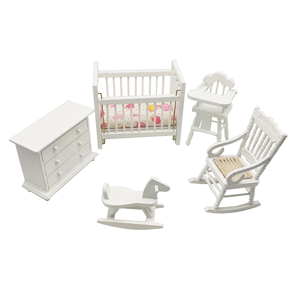 5 Stks/set Moderne 1/12 Schaal Houten Hobbelpaard + Crib Set Dollhouse Accessoire