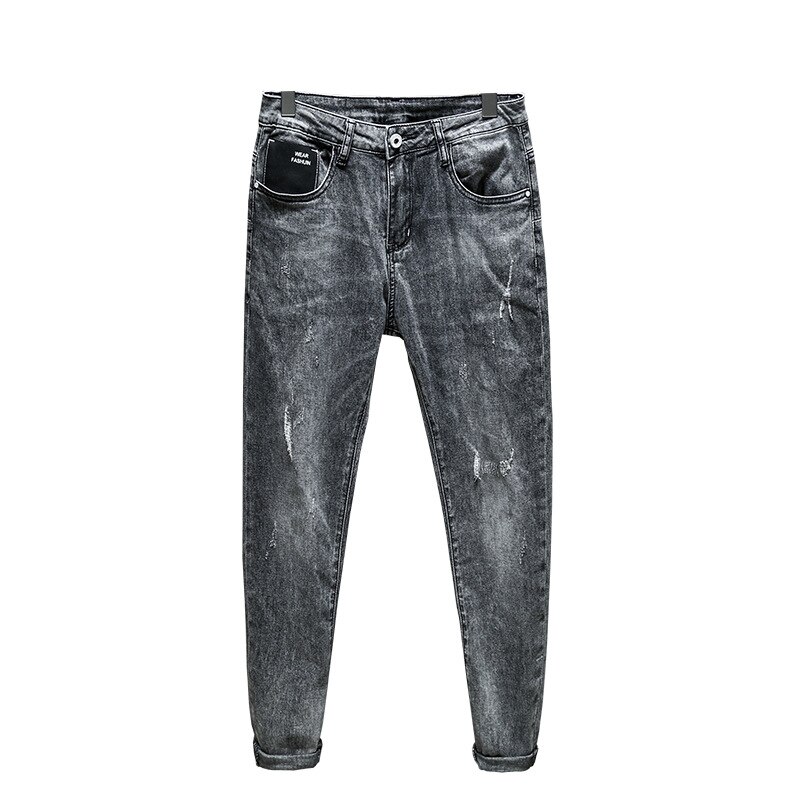 Men's Stretch Regular Harajuku Fit Jeans Black gray Casual Classic Style Denim Trousers thin Male Nine points Pants