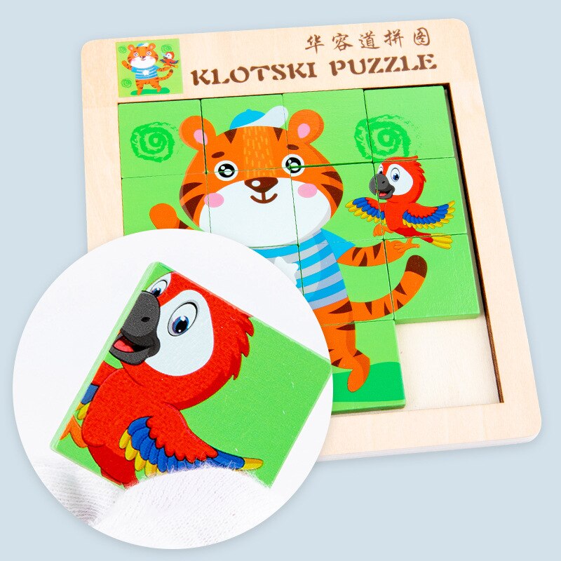 Wooden Children's Wisdom Early Teaching Building Block Cartoon Animal Double Sided Digital Huarong Road Puzzle Toy