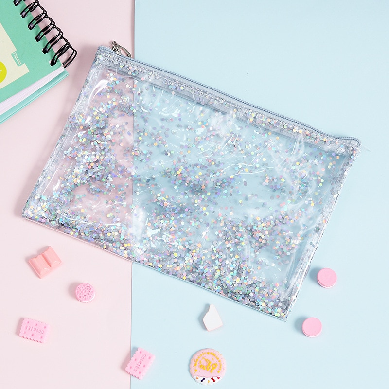 Transparent pvc-påse smink för kvinnor flyttade paljetter clutch handväska resor necessärer stor organisatör kosmetisk väska pennfodral