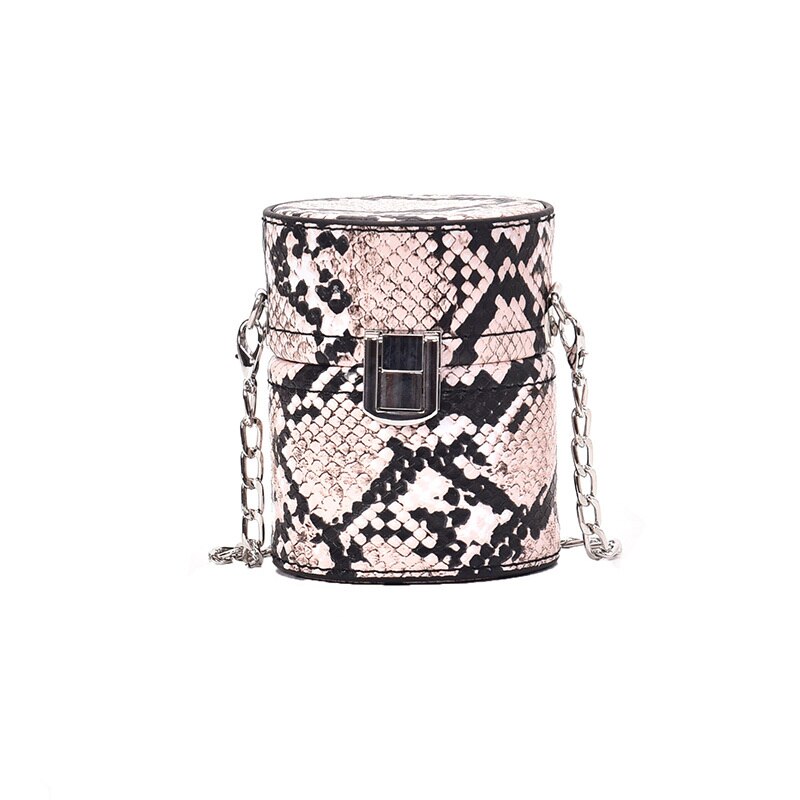 Minicylinderformade axelväskor för axlar för kvinnor ins snake print pu chain crossbody bags with the bucket evening siste: Klar