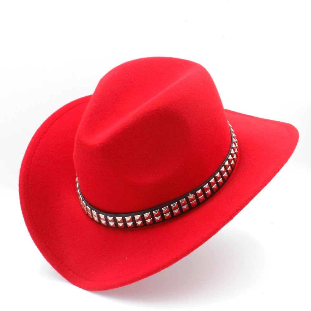 Women Men Wool Hollow Western Cowboy Hat With Wide Brim Felt Cowgirl Jazz Godfather Sombrero Cap Size 56-58CM Punk Belt A35