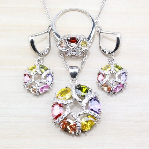 Bedel rode granaat bruids zilverkleur dames kostuum sieraden sets oorbellen ketting ring maat 6/7/8/9/10: Verzilverd / 7