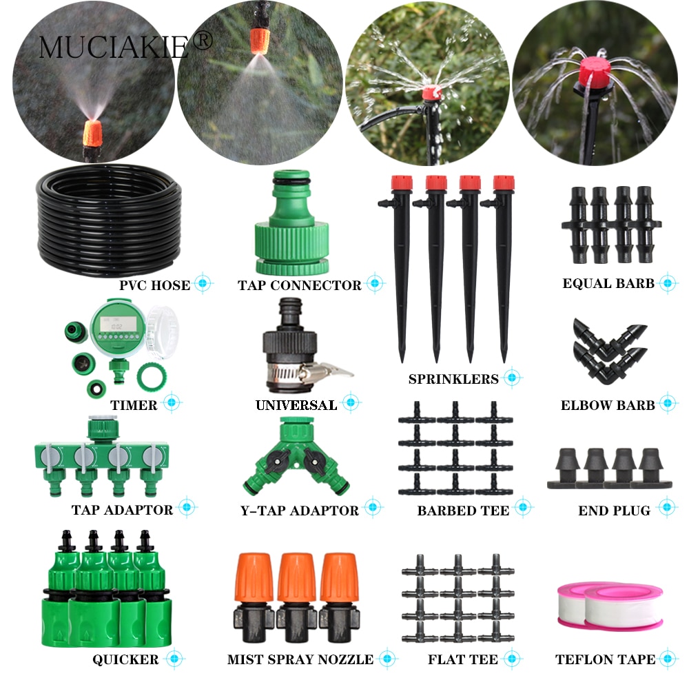 Muciakie garden 1/4 &quot; slange drypvanding automatisk vanding kit tåge spray kølesystem med justerbar drypper controller