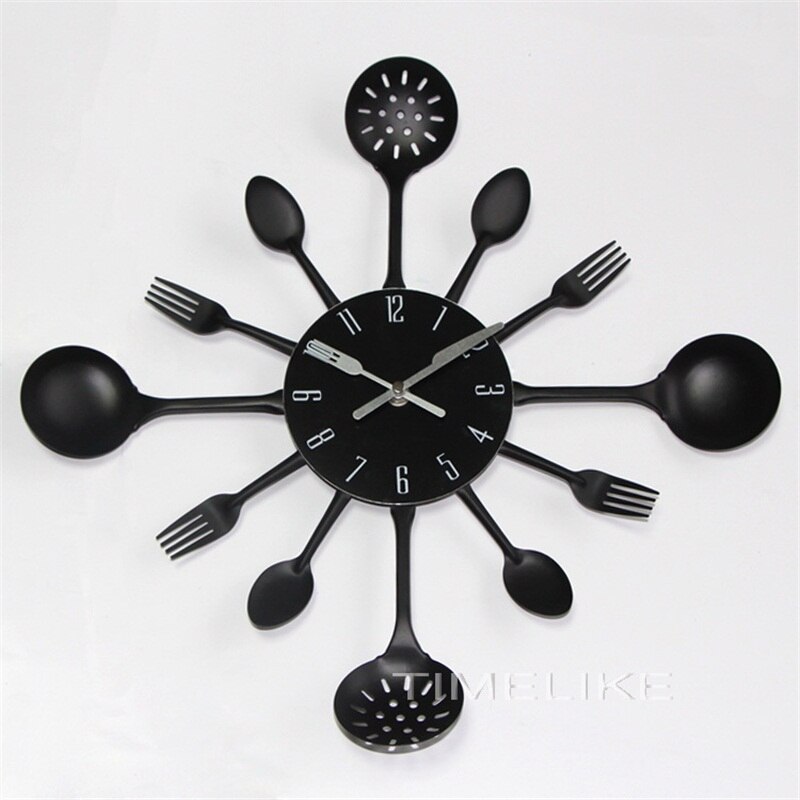 Horloge murale de cuisine en métal | De grande taille, en métal de cuillère à fourchette, horloge murale de cuisine, spécial: Black
