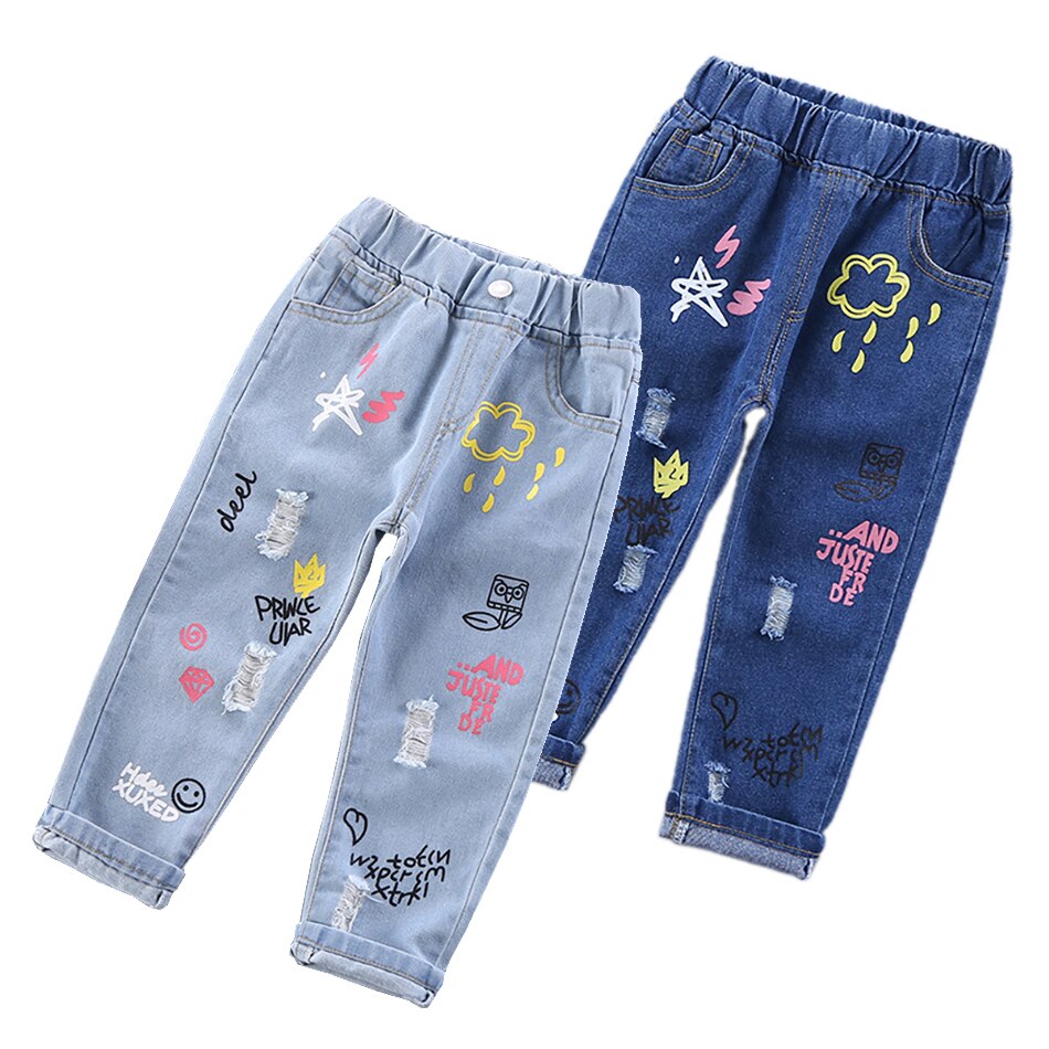 JYF – Jeans à imprimé de dessin animé pour enfants, pantalons longs décontractés avec trous, peinture Graffiti, printemps-automne