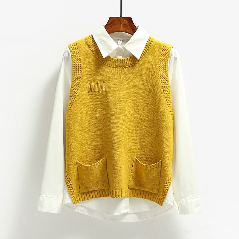 Solid ydre slid rund hals strik vest korte kvinder efterår og vinter koreansk ærmeløs vest sweater