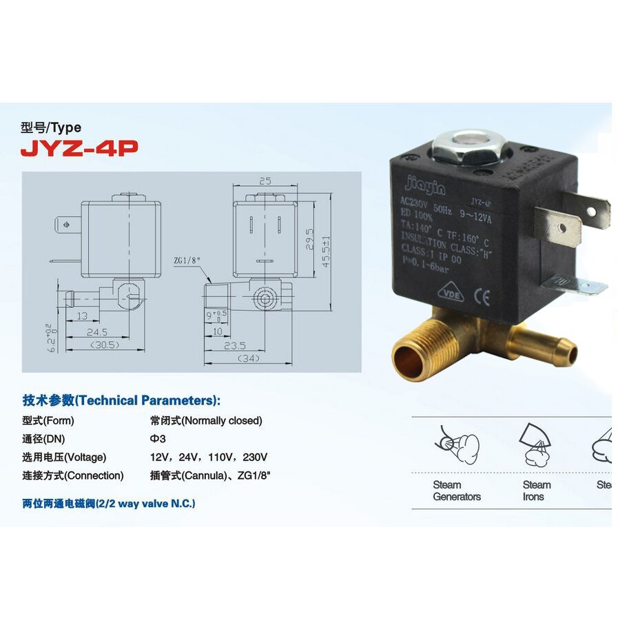 Jyz -4p normalt lukket kanyle 3mm n /c 2/2 vejs  ac 230v g1/8 'messing dampluftgenerator vandmagnetventil kaffemaskiner