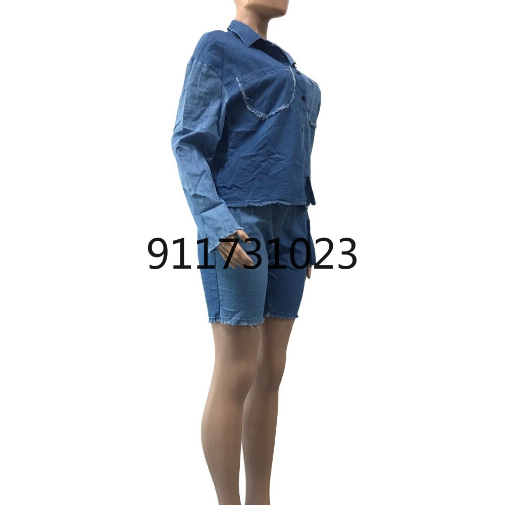 Sales High-end Denim Set Young Daily Free Sweet Solid Full Sleeve Group Knee Length Slim Women 2 Piece Set