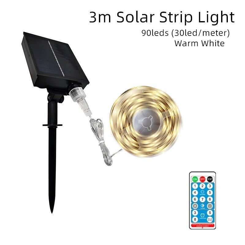 Gylbab-tiras de luces LED solares, 8 modos, Control remoto, 3 m6m12m 90, exterior, impermeable, noche, para garaje, césped y jardín: 3m warm white