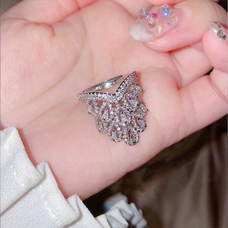 Luxe Kroon Ringen Bling Zirkoon Zilveren Kleur Bruiloft Sieraden Elegante Pauw Ringen Voor Vrouwen Verstelbare Opening Ring